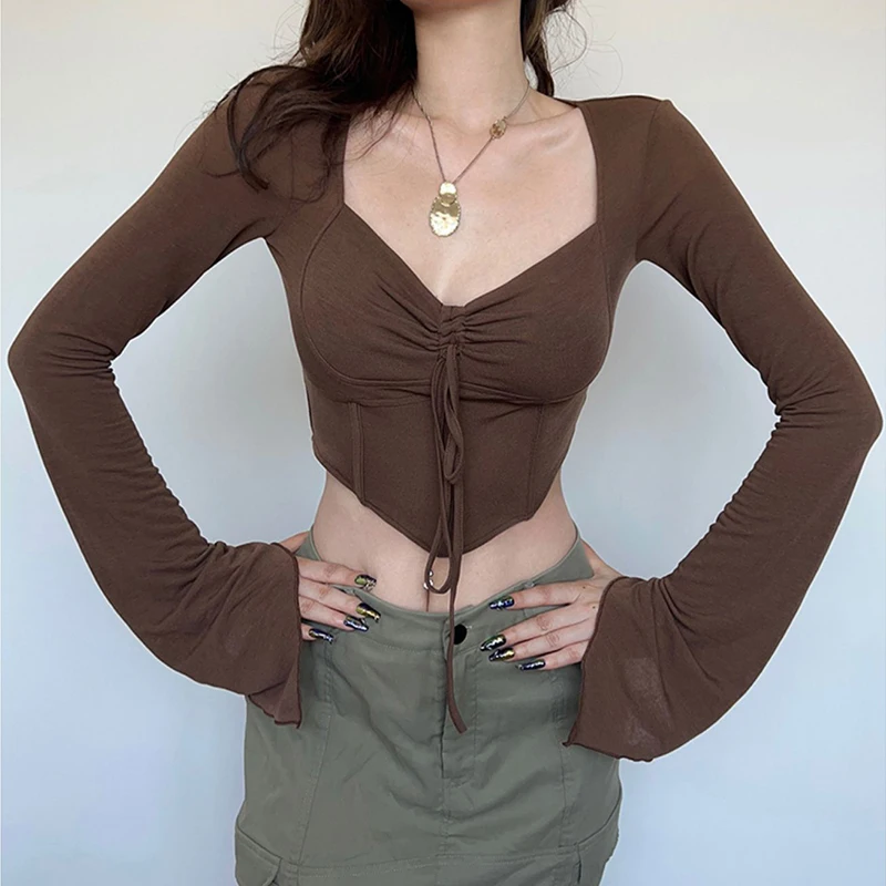 Brown Drawstring Corset Long Sleeve Top Y2K Shirring Flare Cropped Tops Women T Shirts 2022 Autumn Sexy Casual Streetwear
