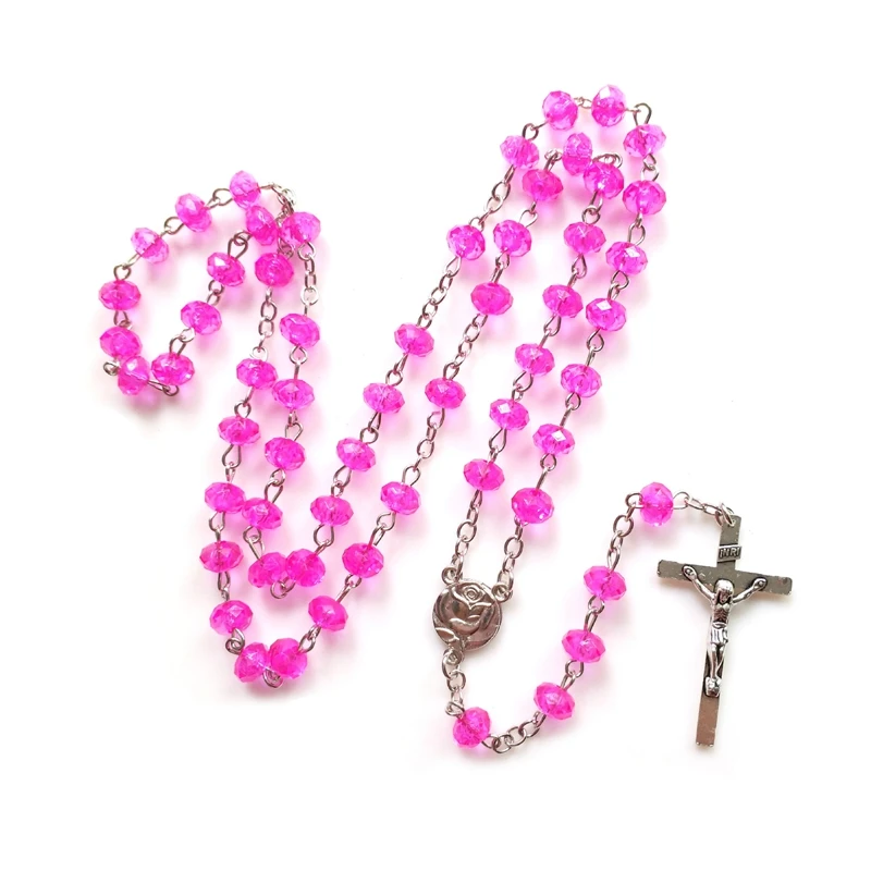 

QIGO Acrylic Rosary Neckalce Metal Jesus Cross Pendant For Women Catholic Religious Prayer Jewelry