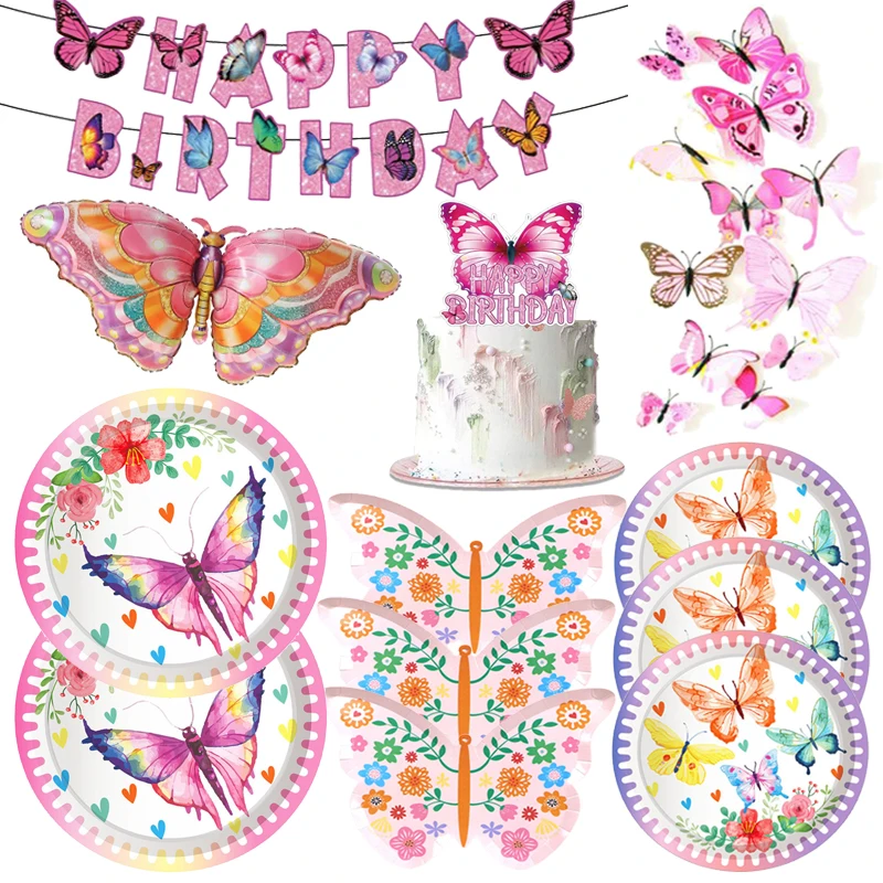 

New Butterfly Party Tableware Pink Plate Cup Napkin Straws Tablecloth Banner Happy Birthday Party Decoration Baby Showers Girls