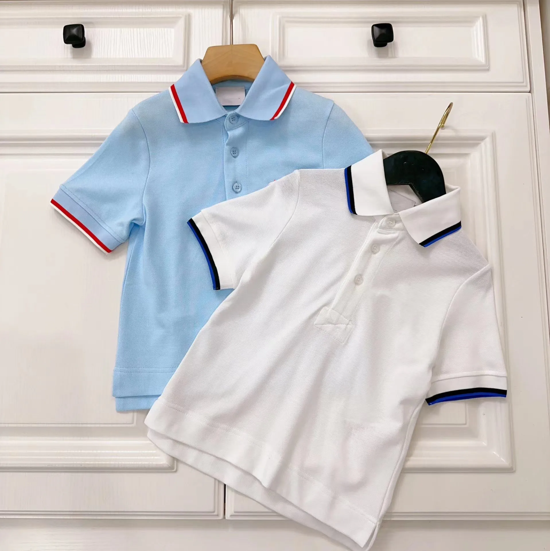 

2023 New Summer Solid White Blue Boys Turndown Collar Kids Children Top T shirt 3 4 6 8 10 12 14Y