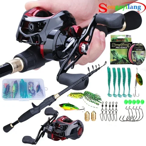Sougayilang Casting Fishing Rod Combo Telescopic Carbon Rod and Baitcasting Reel Fishing Line Lure Accessories Fishing Full Kits