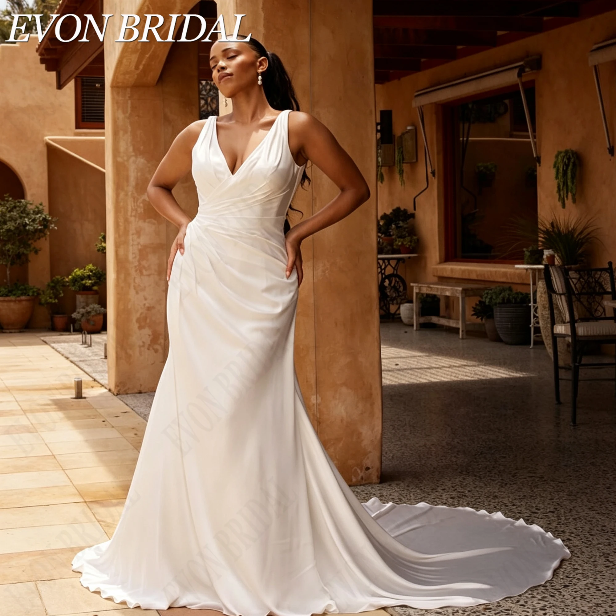 Фото EVON BRIDAL Плюс размер свадебное платье тонкие бретели глубокий V вырез русалка простое открытое спина свадебное платье невесты на заказ индивидуальный размер элегантное атласное свадебное платье для пышных невест №1
