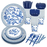chinese style blue and white porcelain birthday party theme tableware 8 people 4 piece set paper plate tissue paper cup