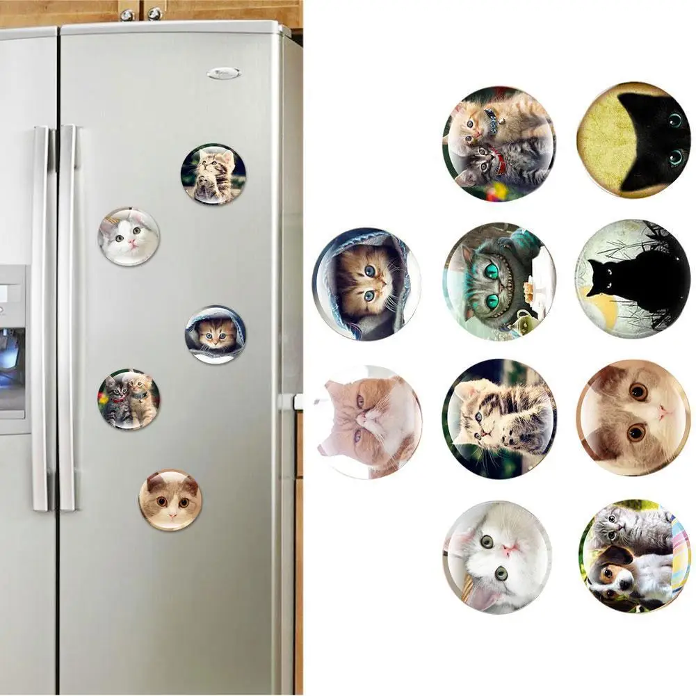 

Cute Cat Round Glass Magnetic Stickers Refrigerator Decorations Fridge Magnet Cartoon Animal Message Sticker For Cat Lovers