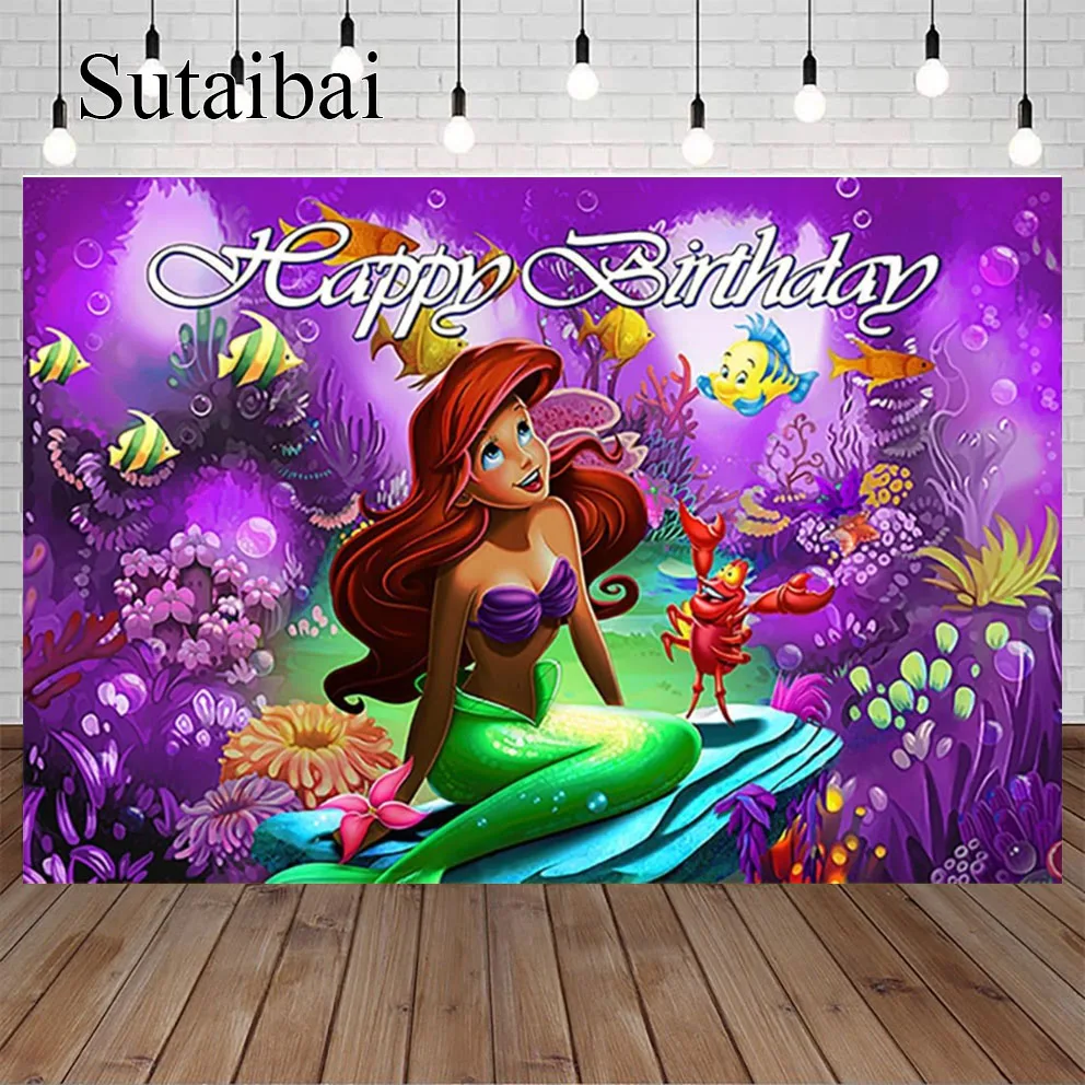 

Черный фон с маленькой русалочкой для дня рождения, фотообои, украшения, тематический баннер принцессы Ариэль для детского душа, Детские принадлежности