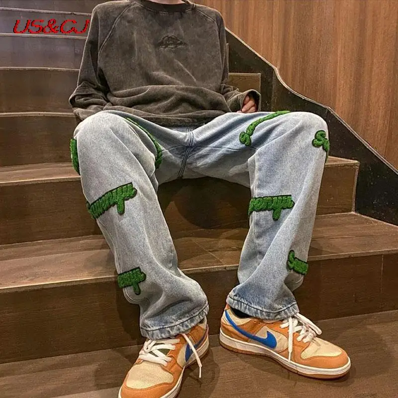 

Джинсы с Флокированной вышивкой для мужчин и женщин, весна-осень 2022, модные прямые брюки в стиле High Street, широкие брюки, Свободные повседневны...