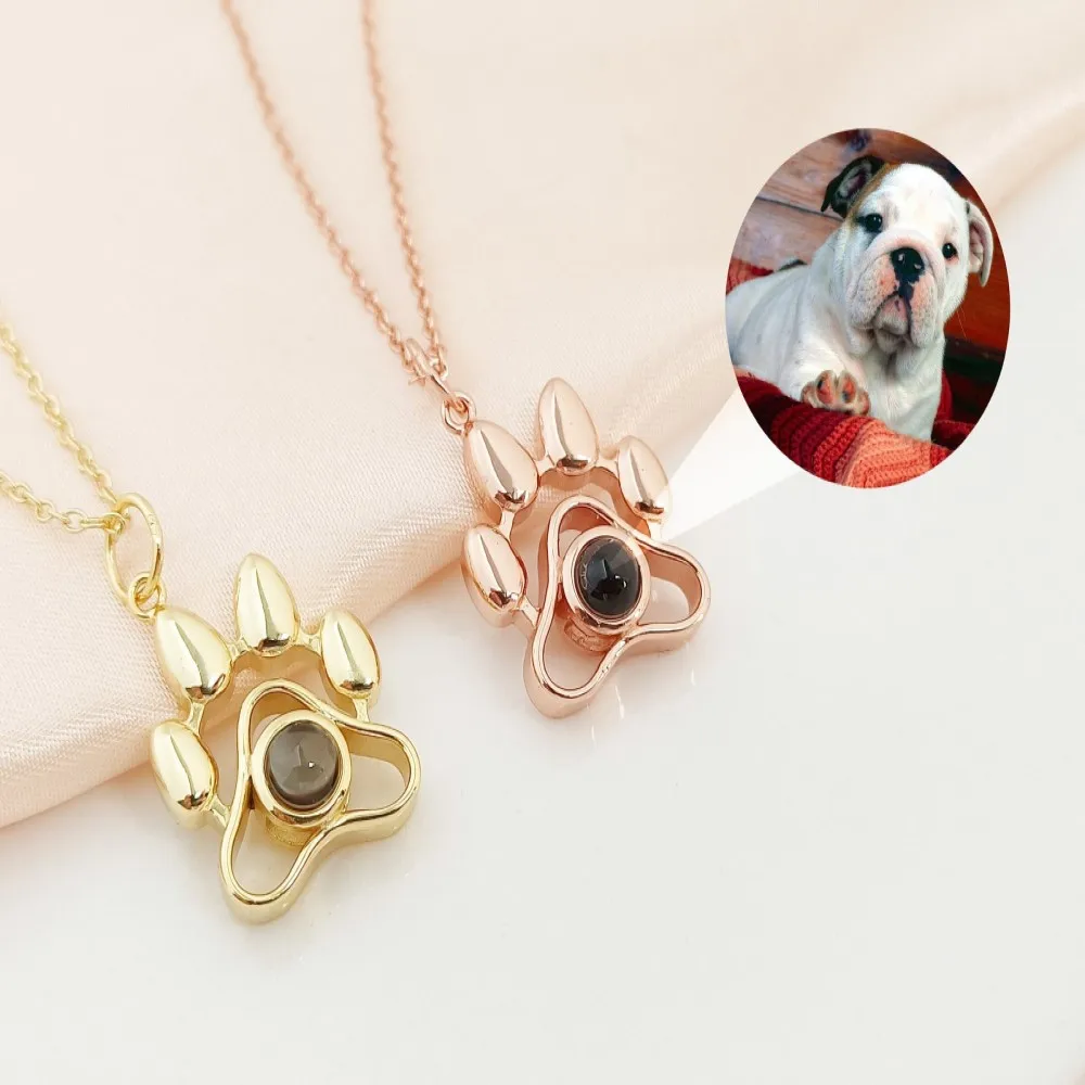 Stainless Steel Custom Photo Pet Picture Projection Necklace Dog Paw Pendant Christmas Mom Memory Jewelry Valentine's Day Gifts