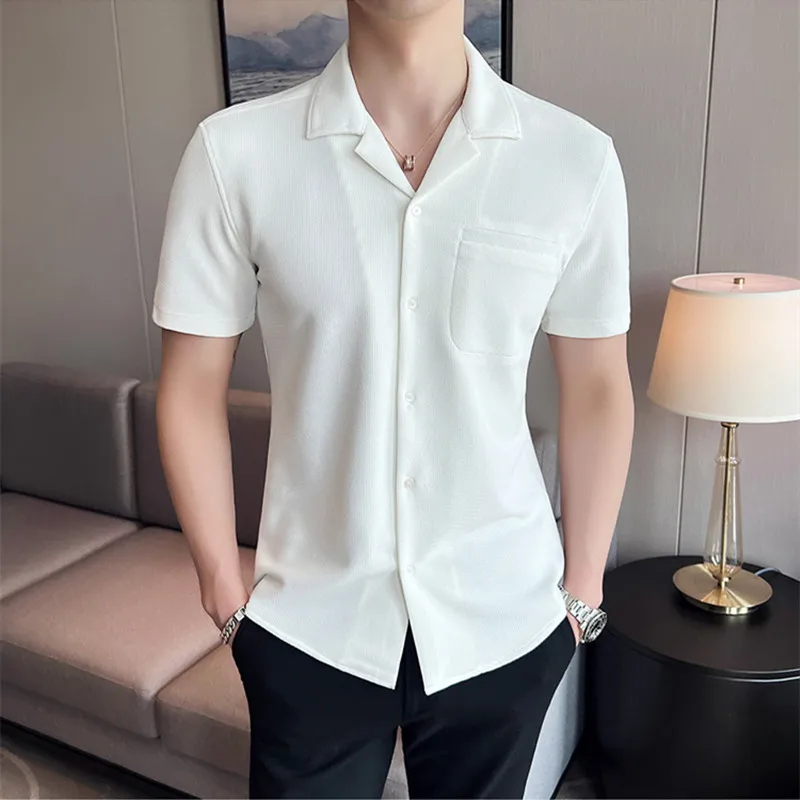 

2022 Summer British Style Men's Casual Short-Sleeved Shirts/Male Slim Fit V-Neck Lce Silk Casual Shirts Tops Plus Size S-3XL