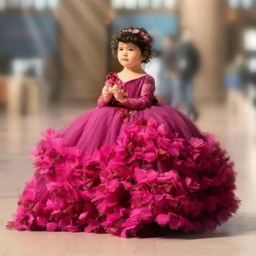 Puffy Flower Girls Dresses 3D Flower V Neck Long Sleeve Kids Teens Pageant Gowns Birthday Party Dress For Wedding