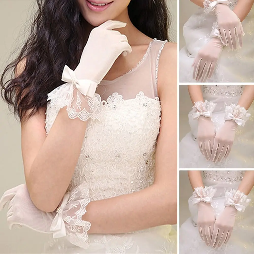 

Women White Elegant Pearl Breathable Lace Gloves Bridal Gloves Bridesmaid Accessories