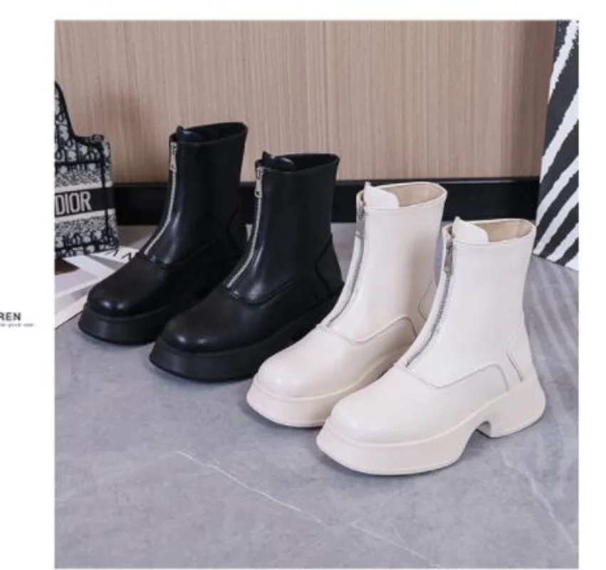 Women's Chelsea Boots Genuine Leather Fashion Fur Winter Boots Women Front Zipper British Style Women's Short Boots