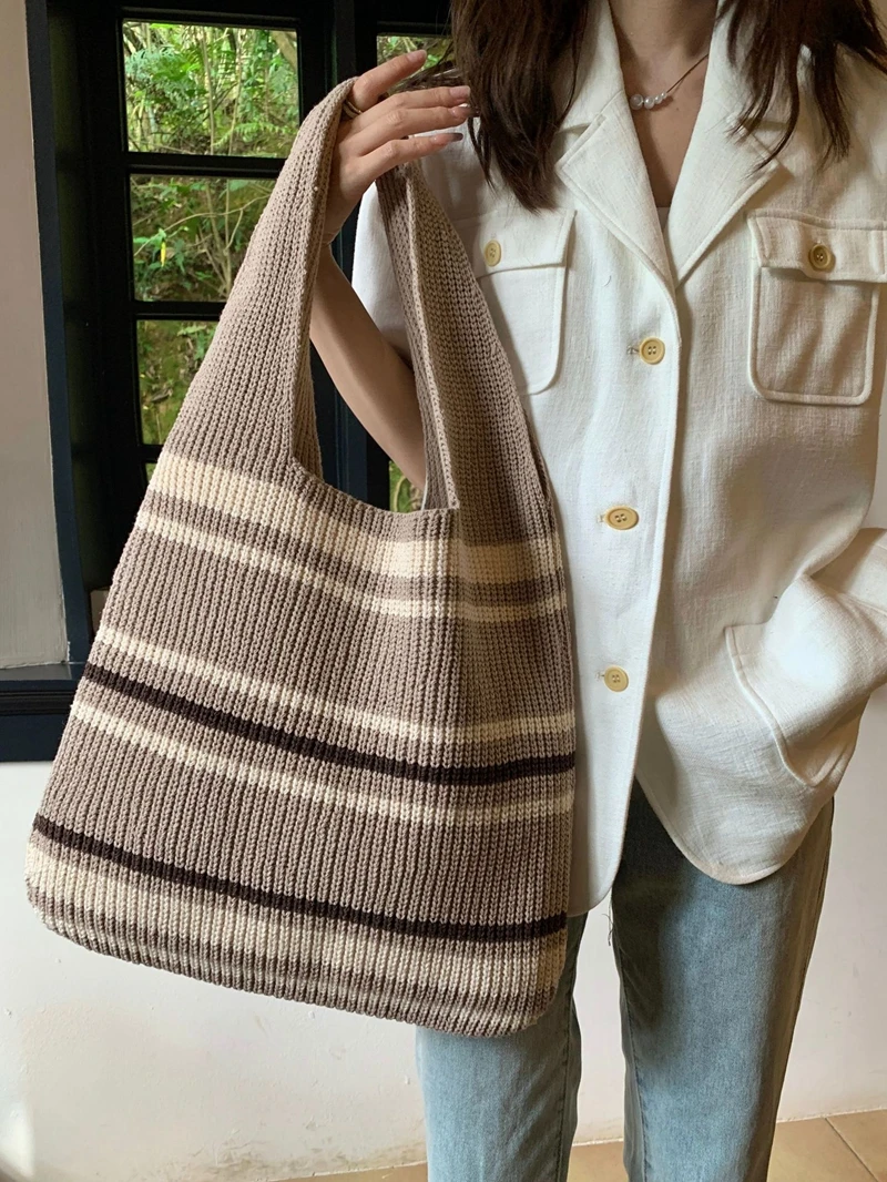 Casual knit tote bag Large Capacity Travel Wrist Bag Fashion Shoulder Shopper Open Handbag For Women