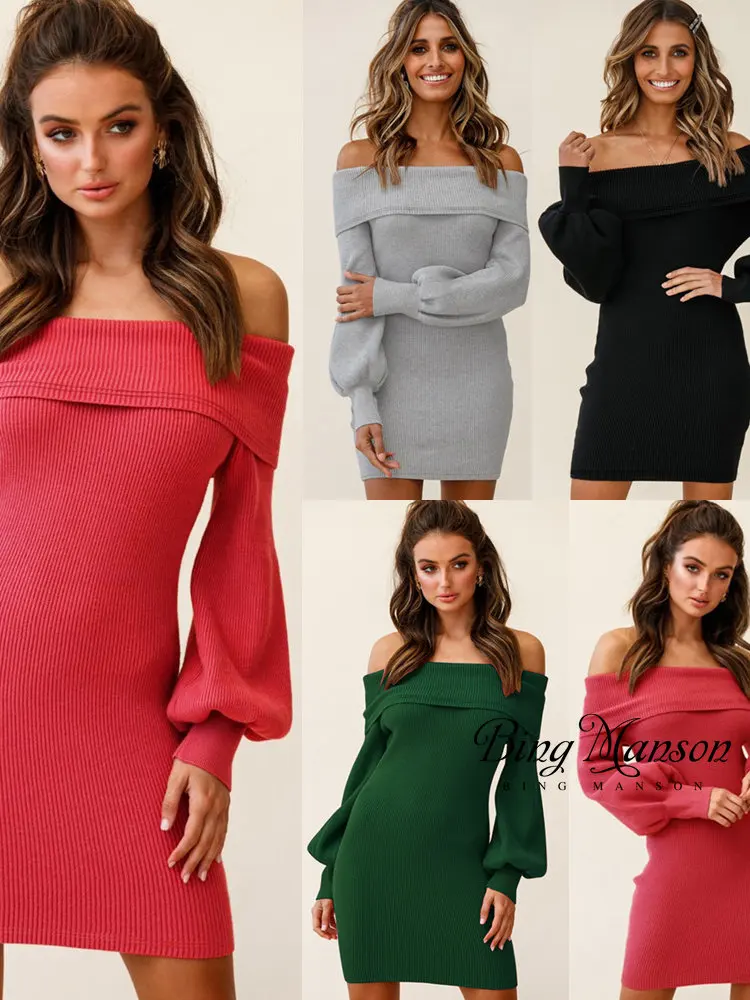 Купи Off Shoulder Knitted Sweater Dresses for Women 2022 Autumn Winter Lantern Long Sleeve Dress Ladies Casual Dress White Black за 1,162 рублей в магазине AliExpress