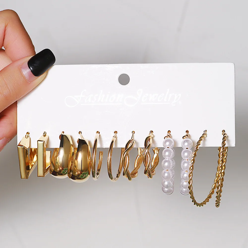 

Gold Color Imitation Pearl Hoop Earrings Set Metal Dangle Earrings Vintage Circle Geometric Twist for Women Girls Trendy Jewelry