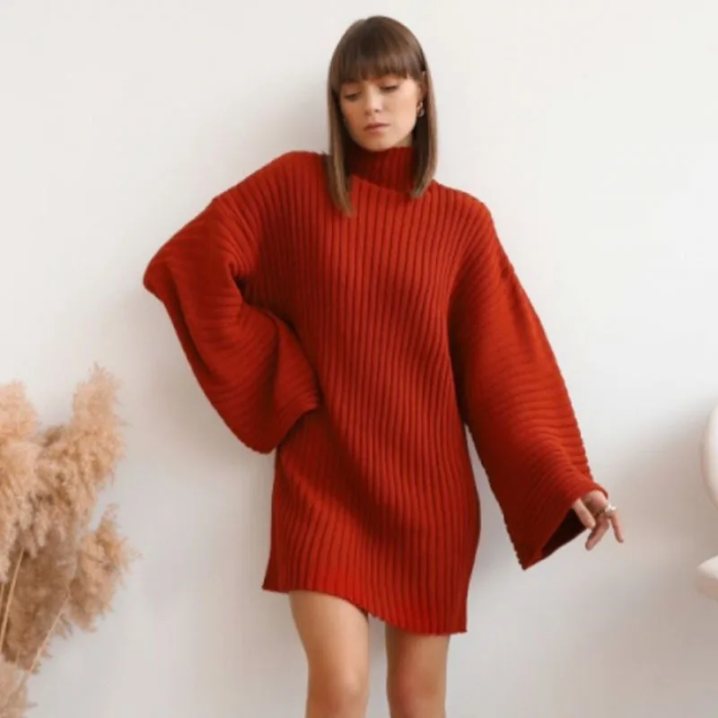 

Turtleneck Knitted Women's Sweaters Pullover Solid Casual Loose Flare Sleeve Elegant Dresses For Female 2022 Winter Ladies Dress