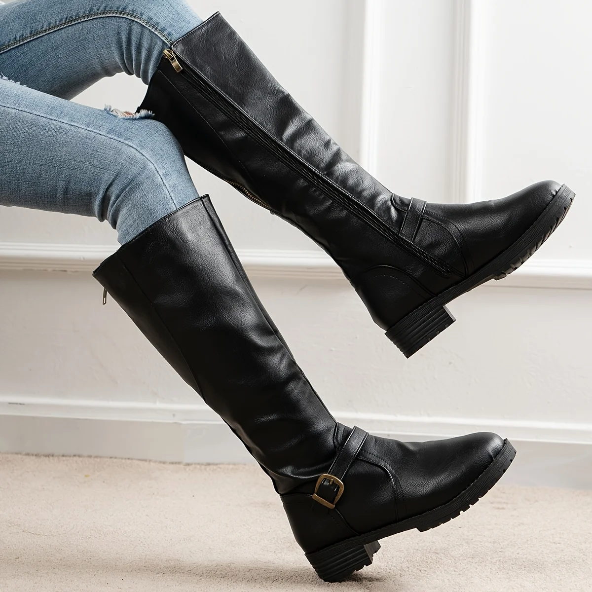 Women's Wide Calf Wear-resistant Riding Boots, Solid Color Zip Back Boots, Women's Footwear