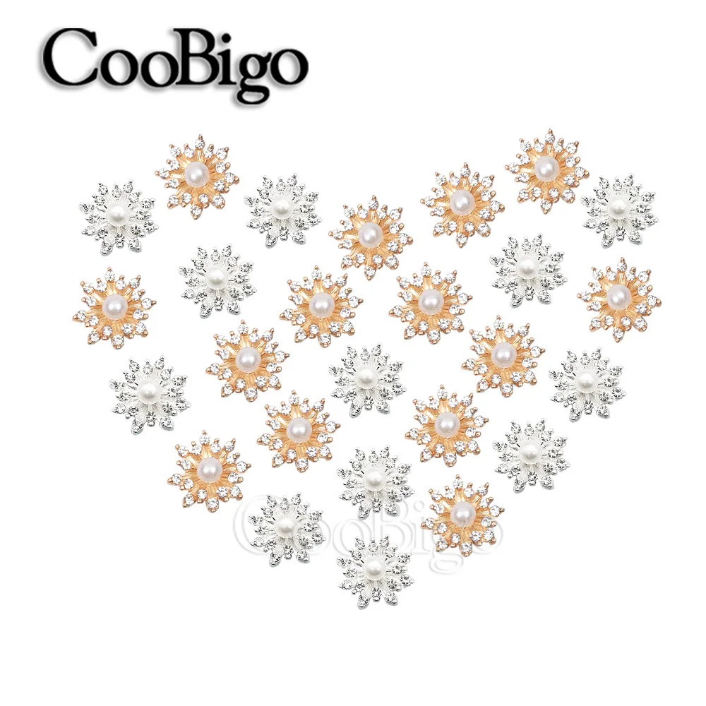 

50pcs Strass Glitter Rhinestone Pearl Buttons Wedding Bouquets Brooches Garment Sewing DIY Crafts Accessories Gold Silver