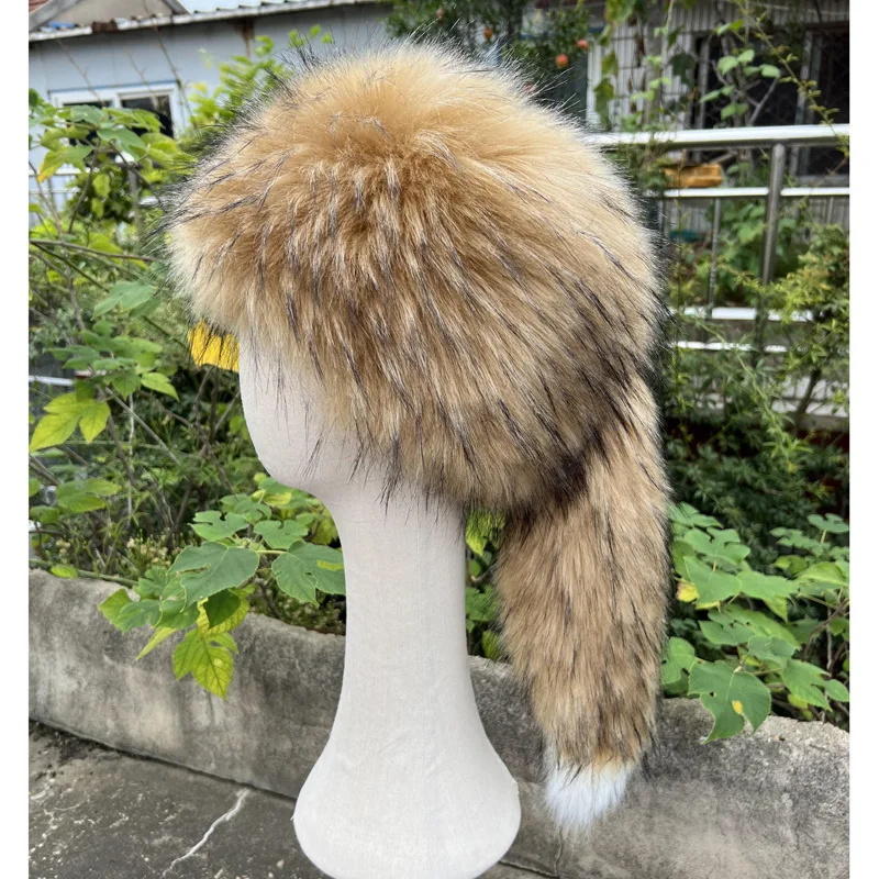 

Winter New Imitation Fur Fox Fur Flat-Top Hat Dome Mongolian Cap Thickened Warm Russian Snow Hat Tail