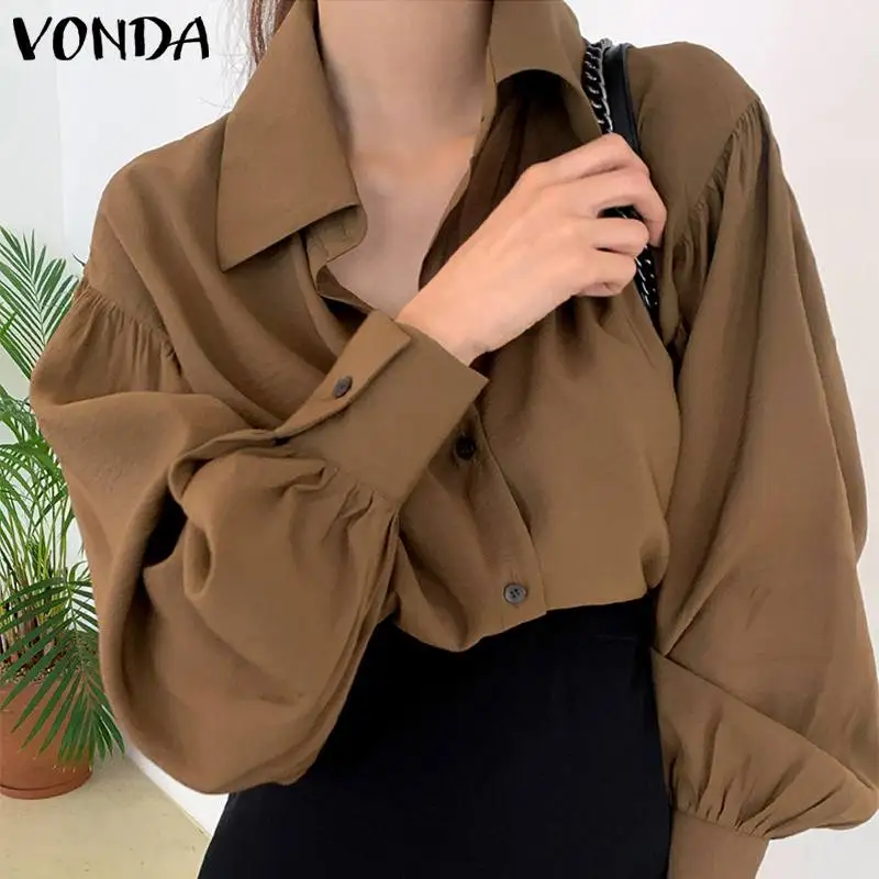 

Fashion Lantern Sleeve Blouses Women's Shirts 2022 VONDA Long Sleeve Lapel Solid Color Buttons Ladies Tops Vintage Baggy Blusas
