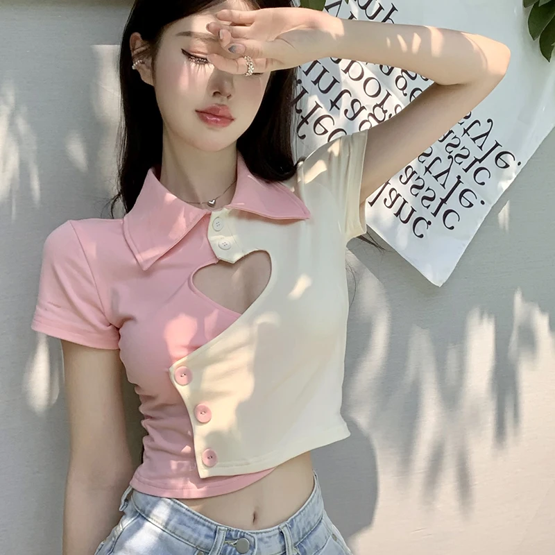 

Футболка женская летняя составного кроя на пуговицах с вырезами