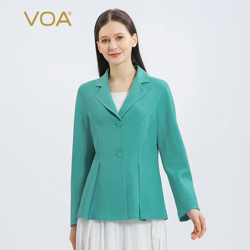 

VOA 60m/m Heavyweight Silk Long Empty Green Lapel Long Sleeves Coats Two Button Waist Thin Business Suit Jacket Women WE166