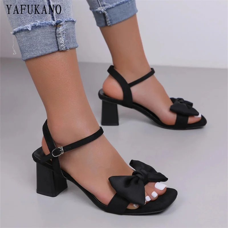 

Bow Decor Chunky Heeled Ankle Strap Sandals Square Toe Open Toe Casual Rome Shoes Sweet Party Dress High Heels Plus Size 41 42