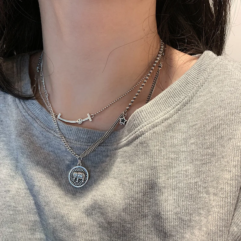 

Fashion simple 925 silver star smiley necklace for women retro hip hop elephant clavicle chain festival gift jewelry accessories