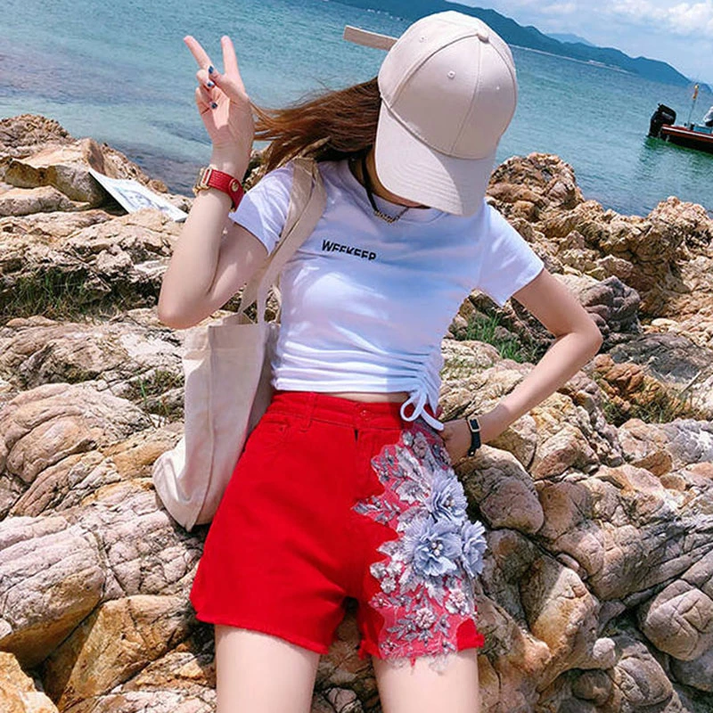 2021 Summer Fashion Women Oversized Jean Shorts Female High Waist Wide Leg Tassel Embroidery Flower Red Black Blue Denim Shorts