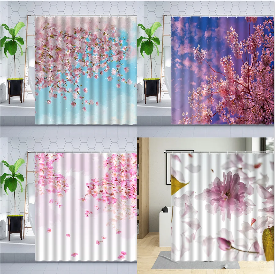 

Штора для душа с розовыми цветами, вишневый цвет, цветок персика, растение, цветочный ландшафт, украшение для ванной комнаты, комплект подвесных занавесок с крючками
