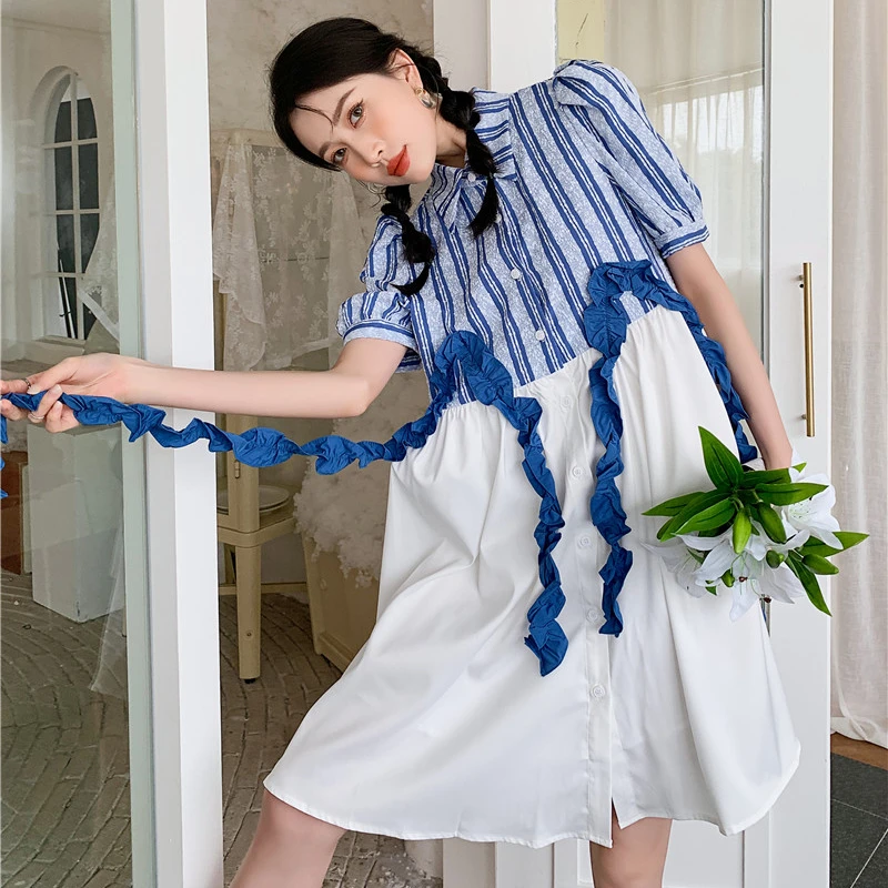 

ZCSMLL дизайнерская юбка в полоску, женская летняя новая синяя юбка средней и длинной формы с оборками, имитация двух частей, 2022