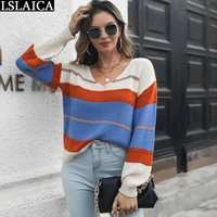 sweaters for women fashion 2022 long sleeve v neck striped patchwork slim cheap wholesale knitter clothes korean style pullover