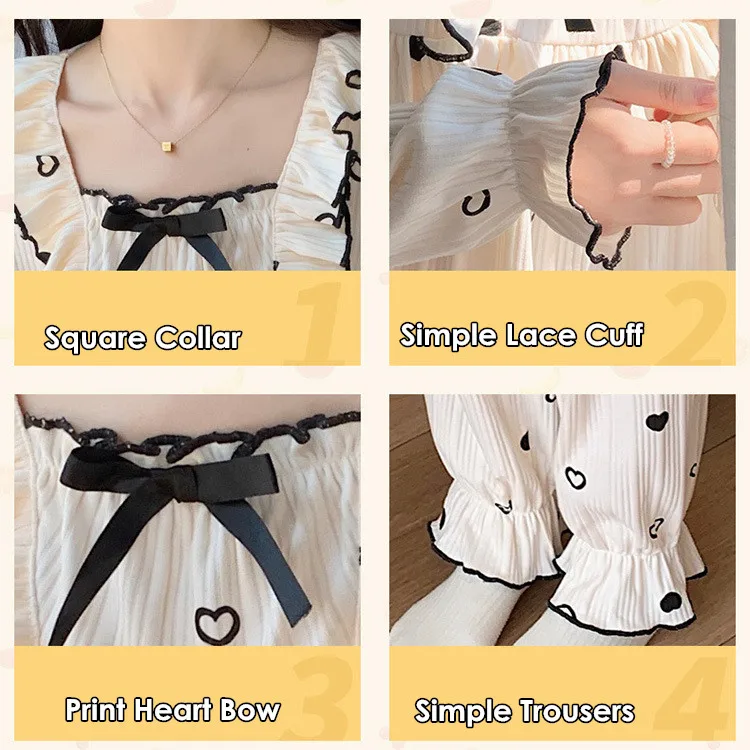 Yasuk Spring Autuum Fashion Women's Casual Sleepwear Homewear Lovely Sweet Girl Pajamas With Pants Soft Simple Heart Bow