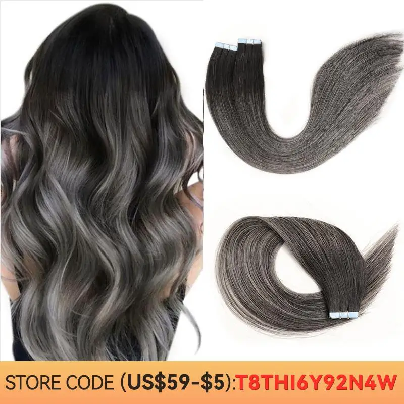 

MRS HAIR балаяж, лента для наращивания, серебристо-черная лента для наращивания, человеческие волосы, не Реми, 20 дюймов, 50 см, 2,5 искусственных волос