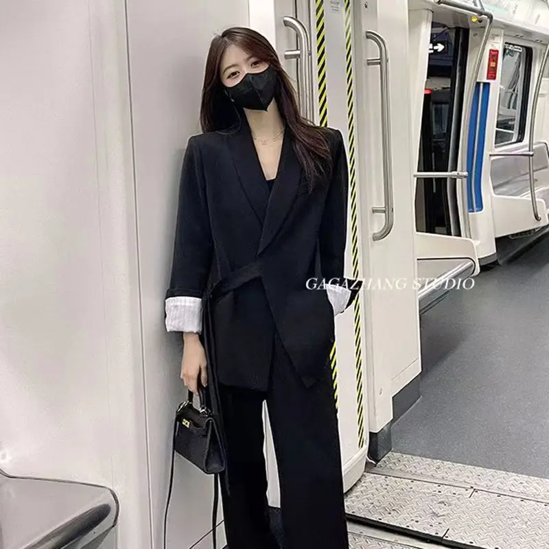 

Solid Color Women's Pant Suit with Drawstring Casual and Spliced Design Spring 2023 New Fashion Advanced Feel