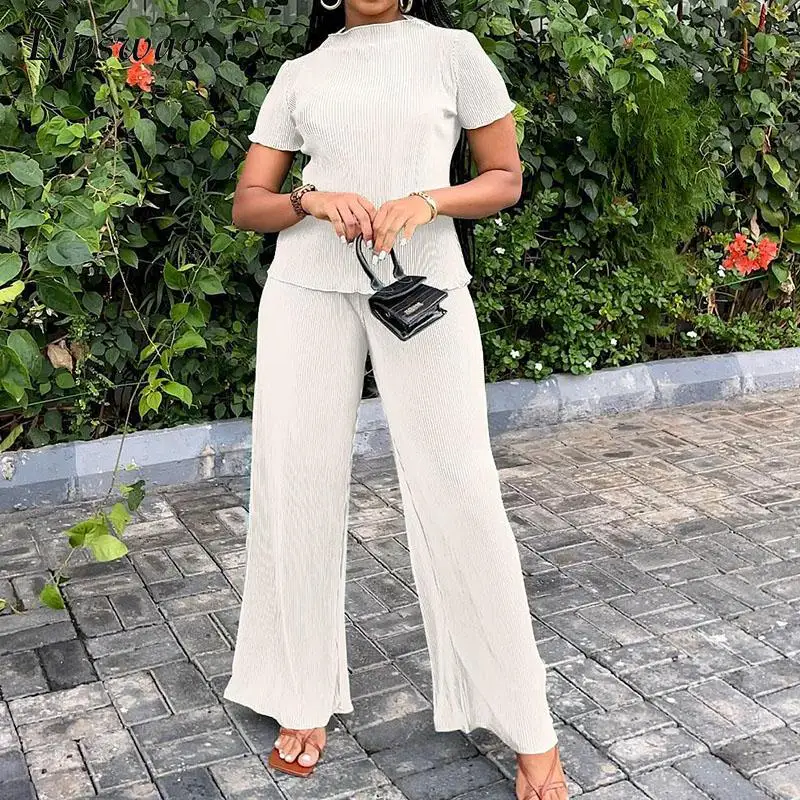 

Fashion Solid Ribbed Pleated Slim Outfits Women Elegant Two Pieces Set Office Lady Casual Short Sleeve Tops And Long Pants Set