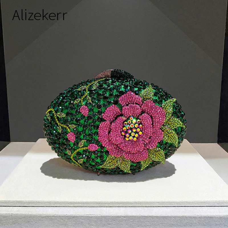 Фото Вечерняя сумочка Alizekerr Peony Diamond для женщин, овальная, с цветочным узором, стразами и металлическим покрытием, для торжественных мероприятий №1
