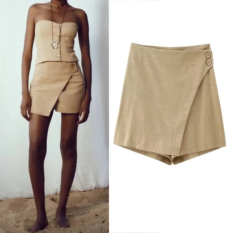 

TRAF Woman Rustic Crossover Skort 2023 Summer Taupe Brown Sexy Front Crossover With False Buttons High-waist Skort Crop Top Sets