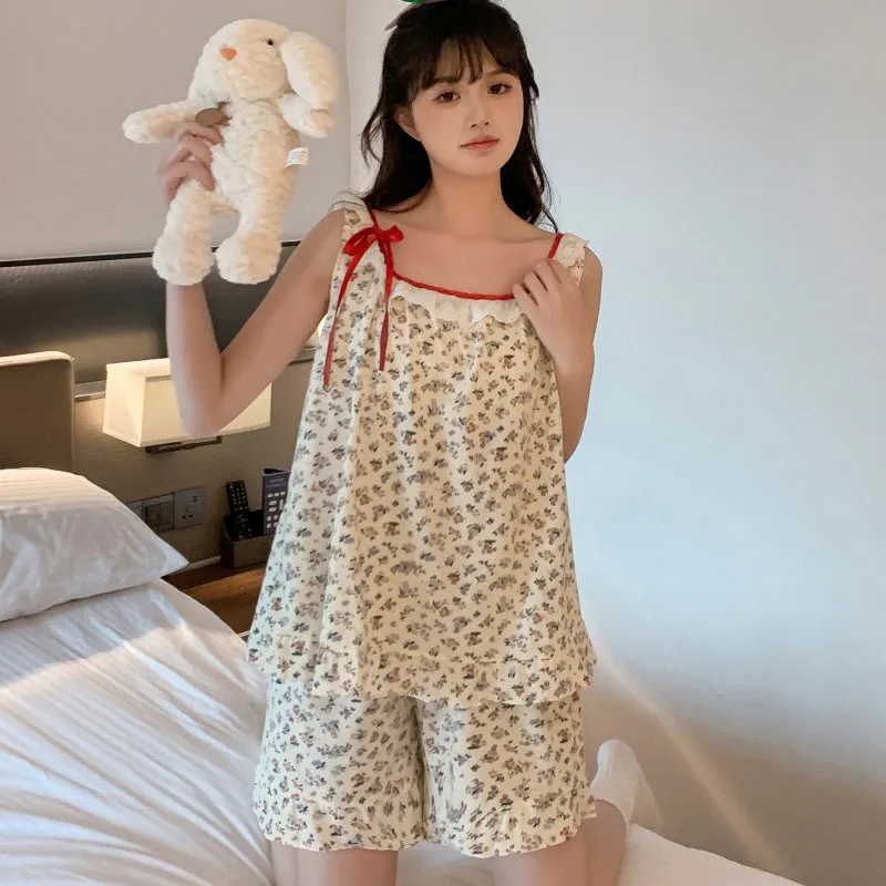 

Summer thin imitation cotton sexy suspender shorts floral set pajamas for women, sweet and cute bow tie 2-piece home outfit