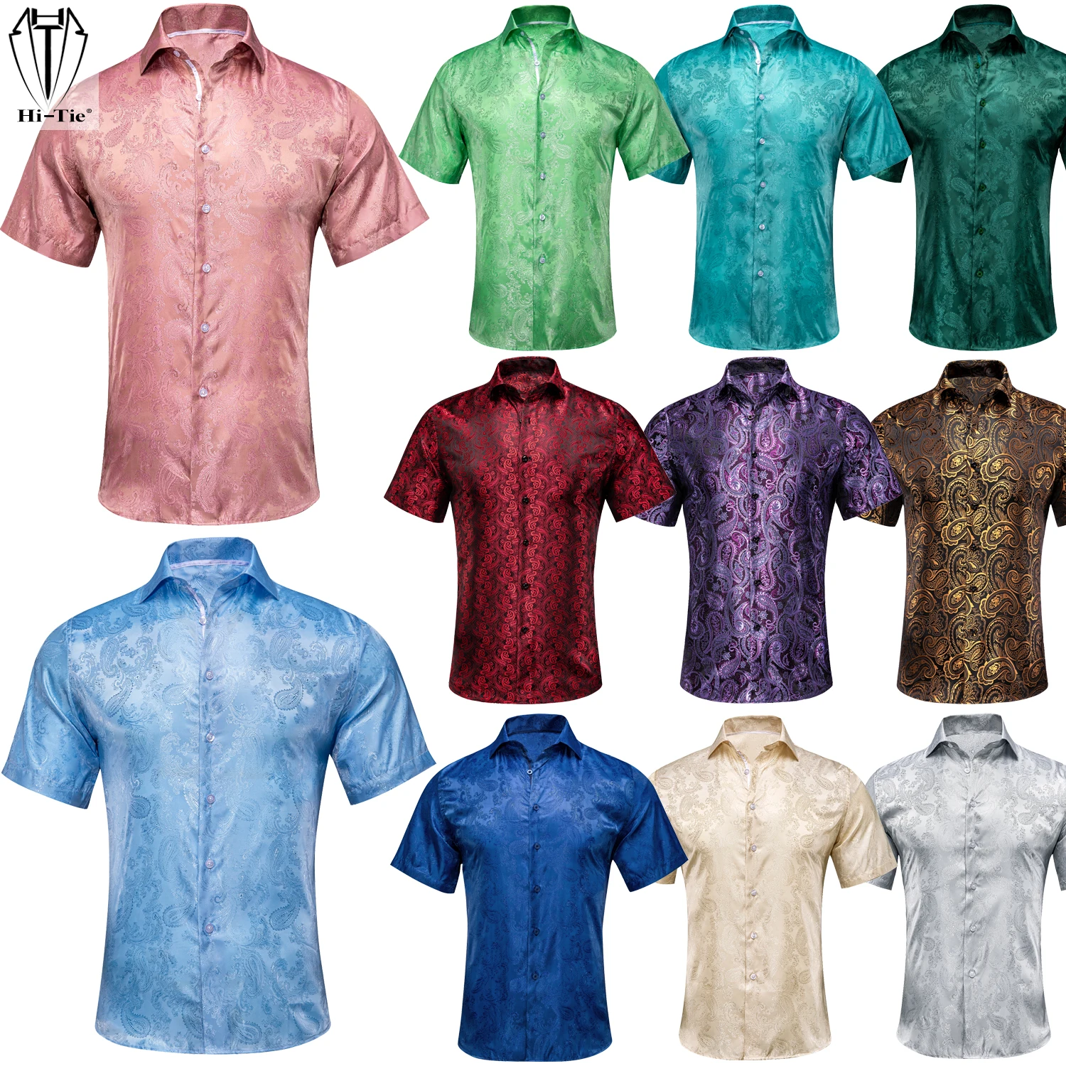Hi-Tie Short Sleeve Silk Mens Shirts Breathable Comfortable Shirt For Men Business Office High Quality Sky Blue Rose Pink Teal