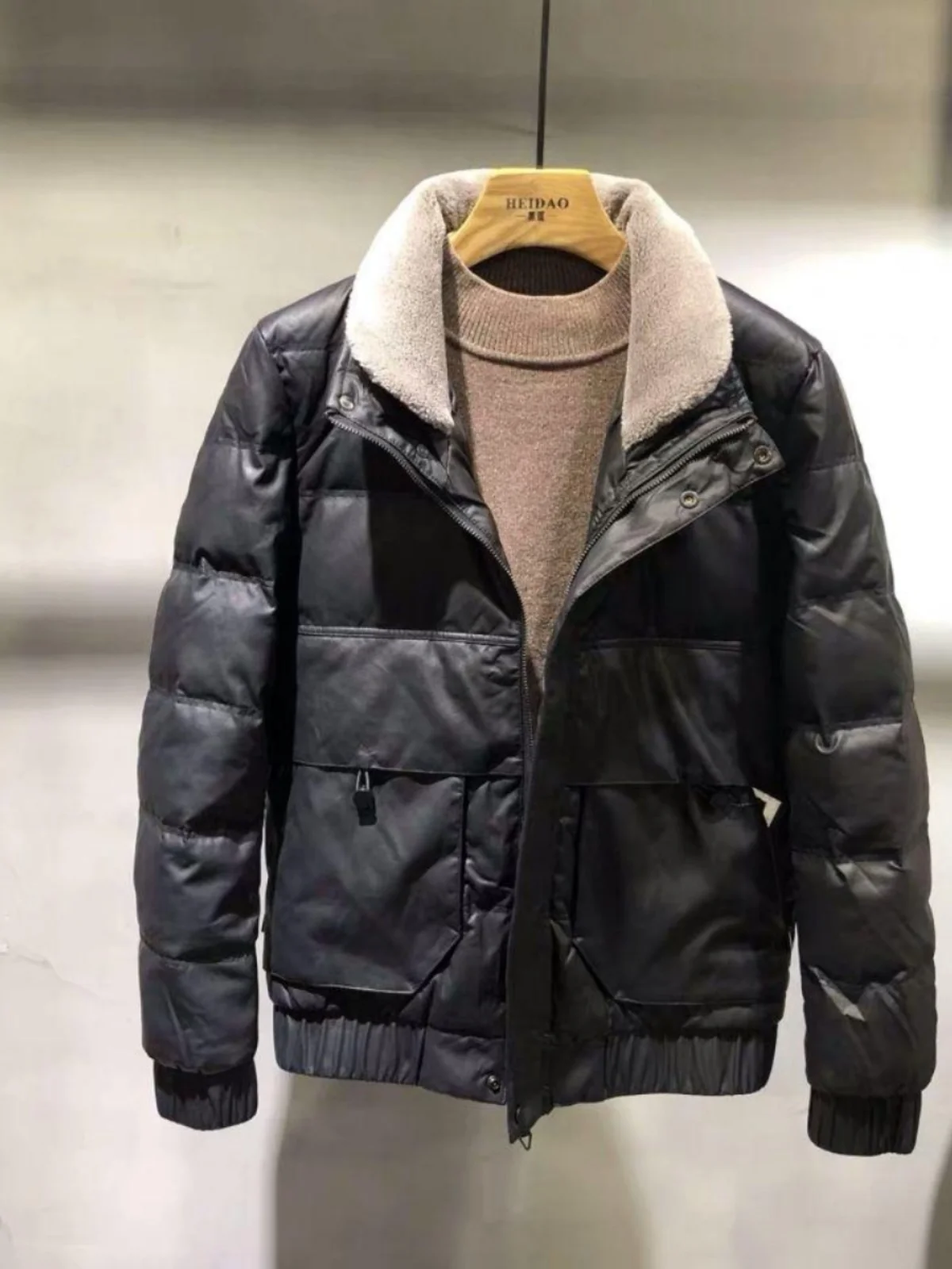 Outerwear Men's Winter New Stand Collar Leather Cotton-padded Coat Korean Sle Trendy Lamb Fur Thickened Warm Leather...