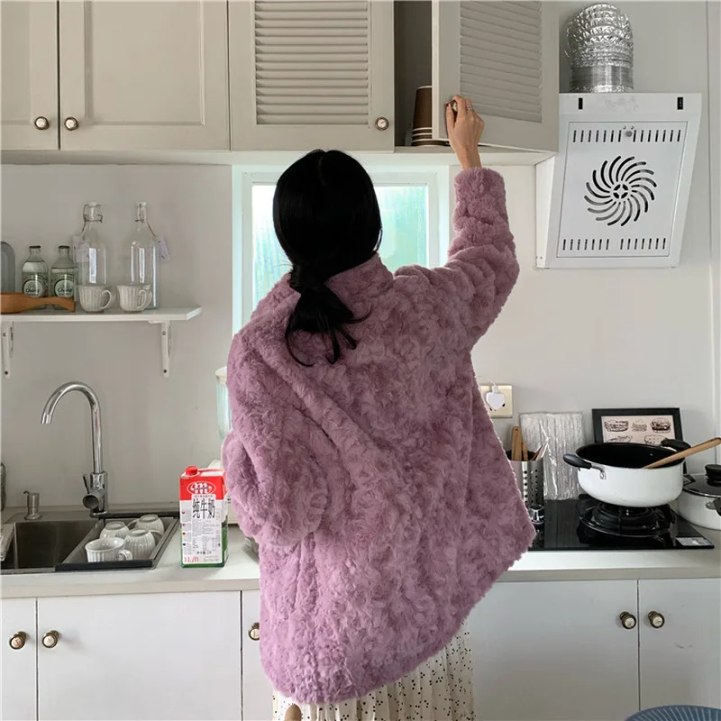 2022 Ladies Fashion Casual Warm Thick Jacket Mid-length Faux Lamb Fur Jacket Loose Winter Bandage Ladies Furry Faux Fur Jacket