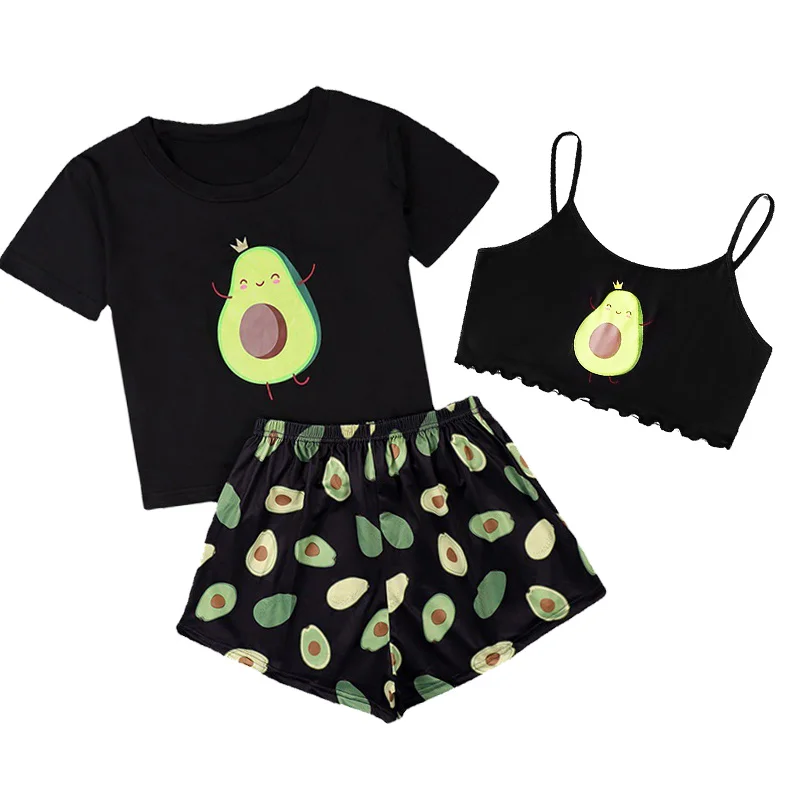 

Костюмы с шортами и принтом авокадо, летний женский хлопковый пижамный комплект, футболка с коротким рукавом и круглым вырезом, спортивные шорты из двух предметов