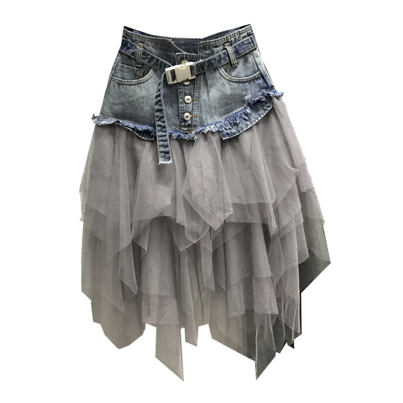 wa gotycka tiulowa spódnica dżinsowa Tutu damska nieregularna wysoka talia linia plisowana Midi Patchwork Punk asymetryczna letnia impreza klubowa