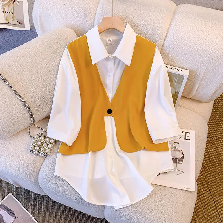 Short Sleeved Patchwork Chiffon Shirt Loose Wide Leg Shorts Two-piece Elegant Women's Shorts Set Summer Casual Outfits