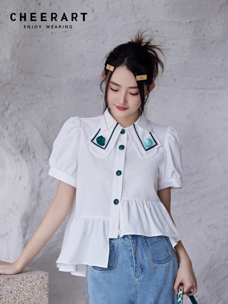 

CHEERART Designer Ruffle Blouses For Women Fashion 2023 Asymmetrical Puffy Sleeve Top White Peter Pan Collar Button Up Shirt