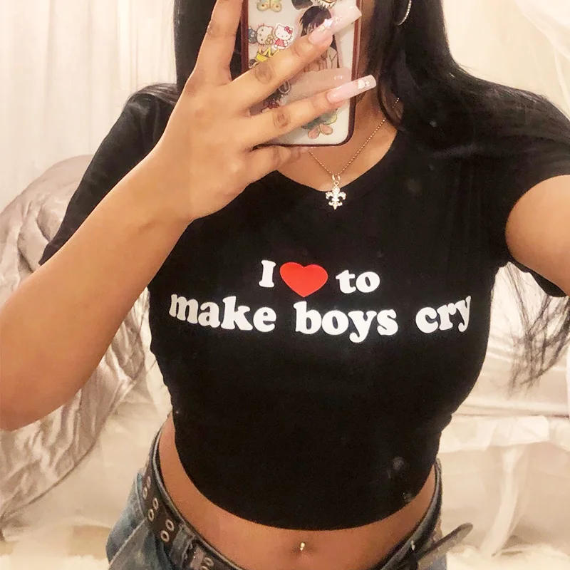 

I Love To Make Boys Cry Funny Letter Print Women Crop Top Sexy Party Teenage Fashion Cropped Top Summer T Shirts Harajuku Tshirt