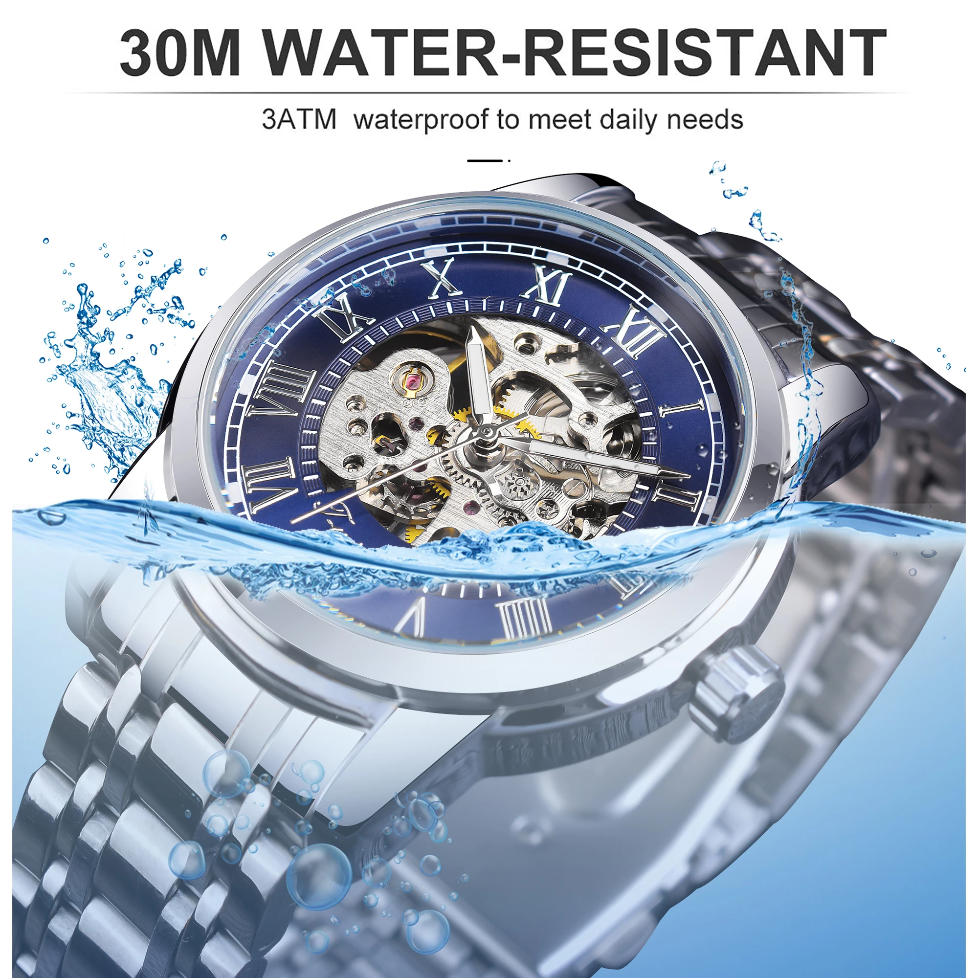 Forsining Fashion Blue Military Hollow Mechanical Stainless Steel Watch Luminous Sport Mens Skeleton Watches Montre Homme Clock