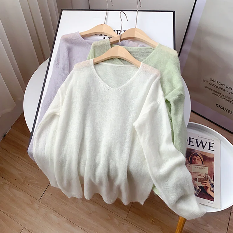 

DAYIFUN Mohair Soft Pullover See-through Thin Sweater Spring Transparent V-neck Blouse Sunscreen Knitted Women's Shirts A0308