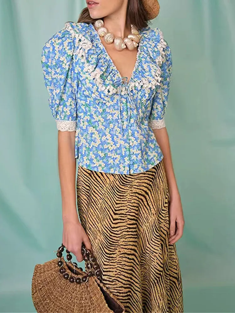 

Women Blouse Floral Printed Ruffles Trim V-Neck Lace Up Lace Spliced Half Sleeve Sweet Shirt