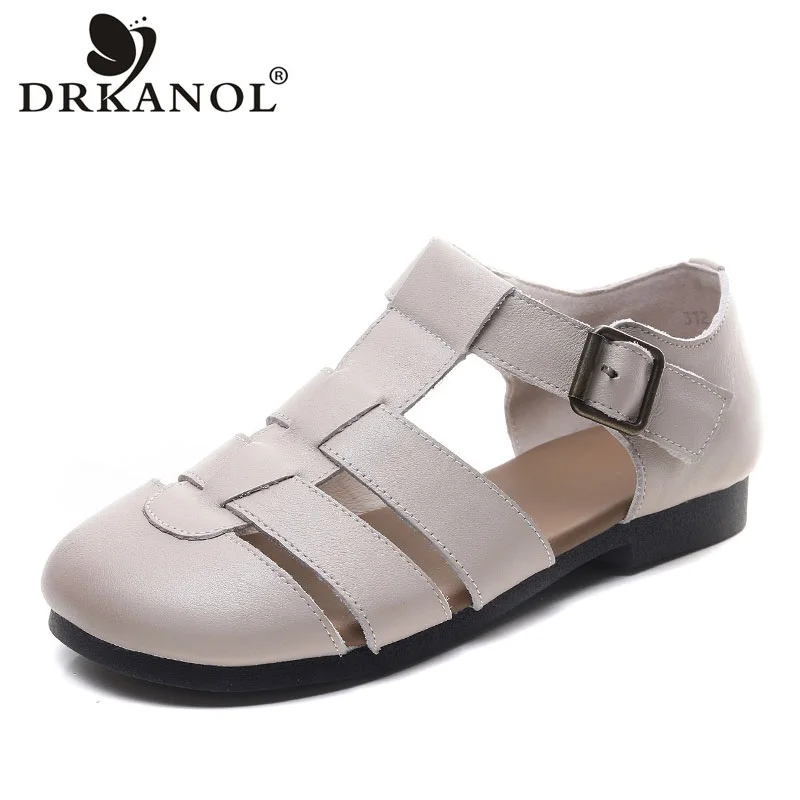 

Женские сандалии на плоской подошве DRKANOL, летняя обувь в римском стиле, женские сандалии из натуральной кожи на низком каблуке с круглым носком и мягкой подошвой, удобные сандалии для отдыха, 2023